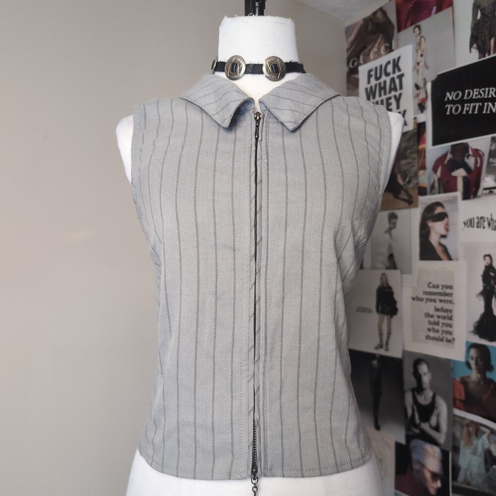 Pinstripe Zip Up Sleeveless Collared Vest Top